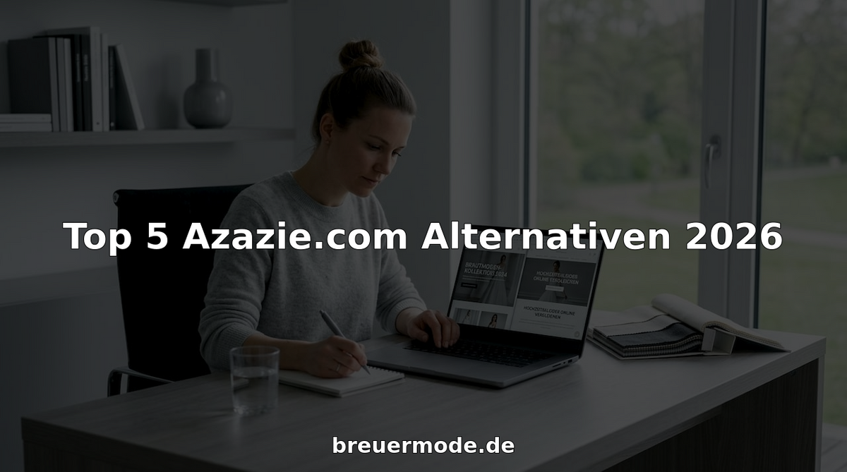 Eine Frau sitzt am Küchentisch und stöbert auf verschiedenen Hochzeitsmode-Websites, um Kleider und Trends miteinander zu vergleichen.