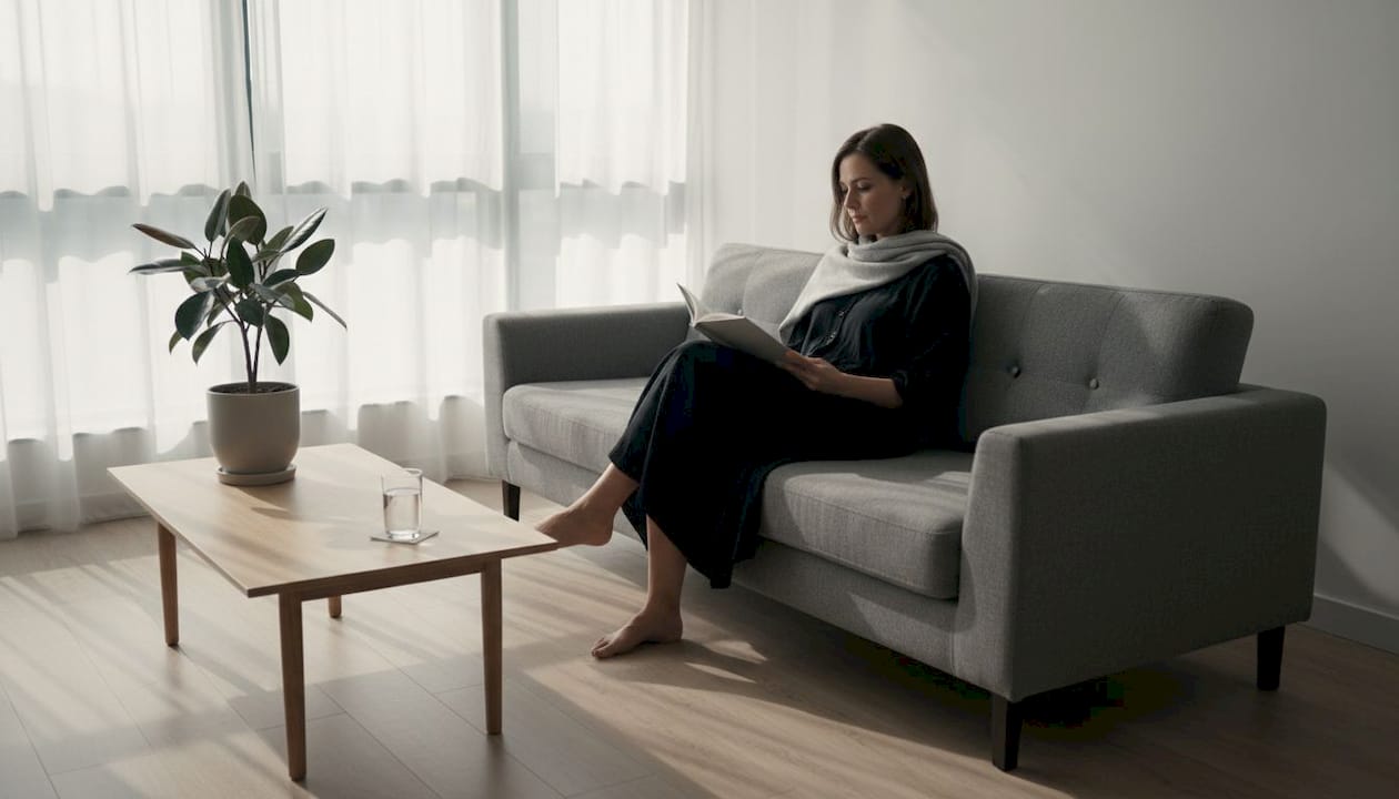 Eine Frau sitzt entspannt auf dem Sofa und vertieft sich in ein Buch, gekleidet in schlichter Alltagsmode.