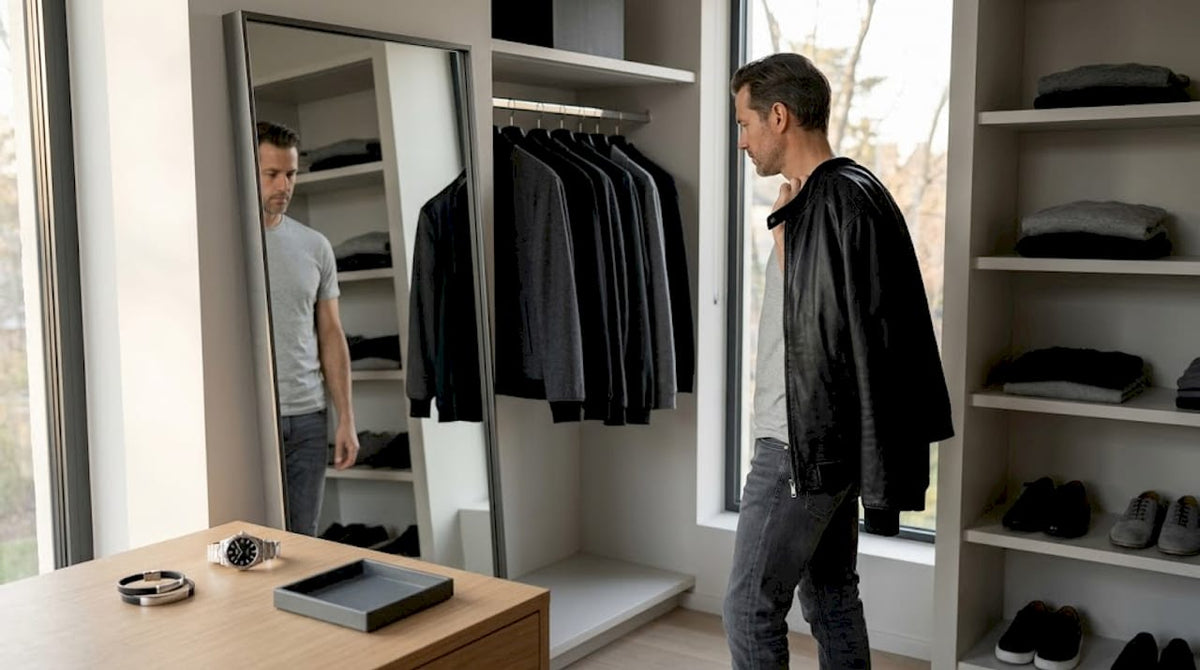 Ein Mann begutachtet eine Lederjacke in seiner hellen Wohnung.