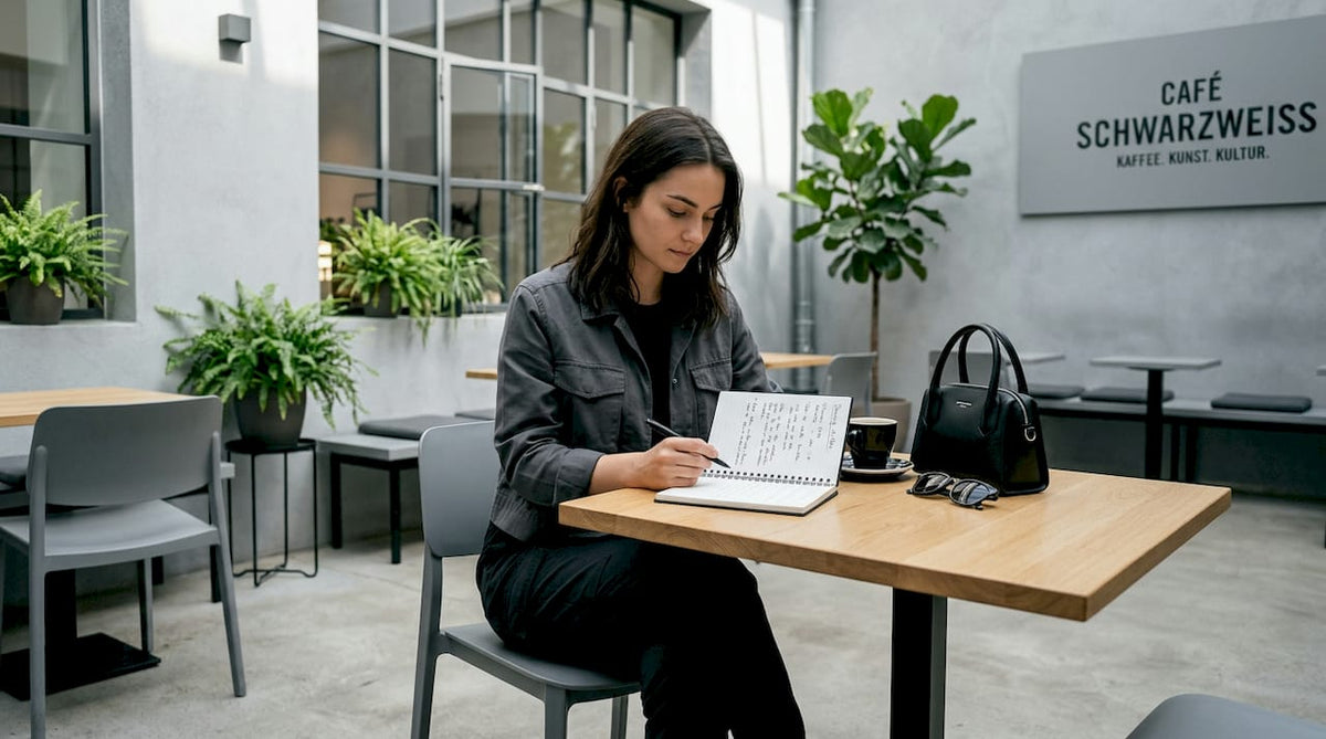 Eine Frau im lässigen Workwear-Look genießt ihren Kaffee in einem angesagten Stadtcafé.