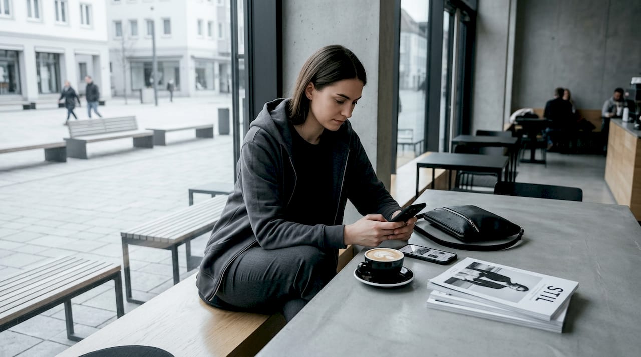 Jemand sitzt im Café und scrollt gespannt auf dem Smartphone durch die neuesten Fashion-Releases.