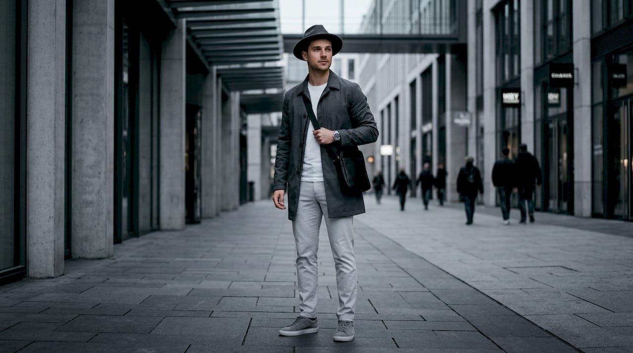 Junger Mann in stylischem, gepflegtem Outfit unterwegs in der Stadt.