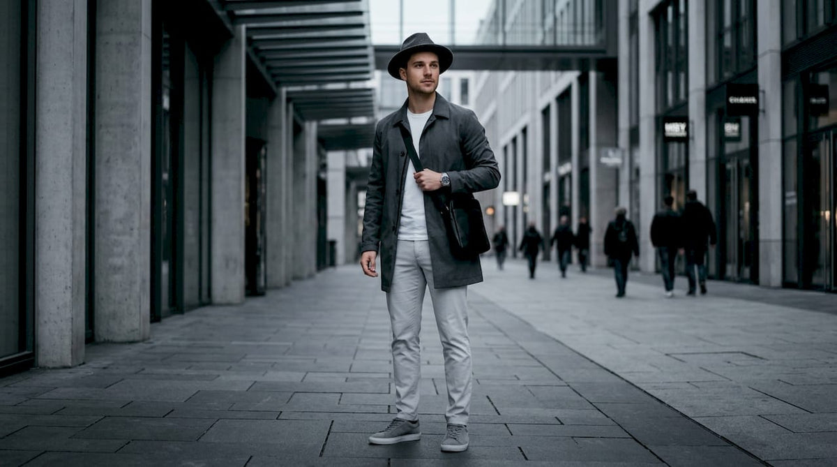 Junger Mann in stylischem, gepflegtem Outfit unterwegs in der Stadt.