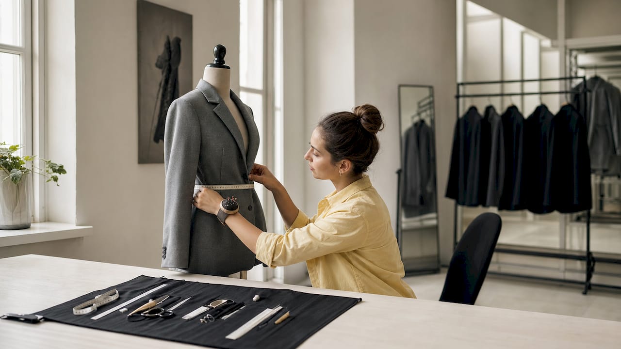 Im Atelier nimmt eine Schneiderin Maß und arbeitet mit viel Liebe zum Detail an einem individuell angefertigten Blazer.