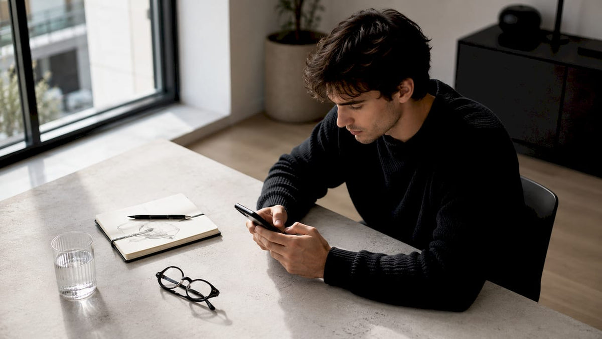 Ein junger Mann stöbert mit seinem Smartphone nach aktuellen Modeangeboten im Internet.