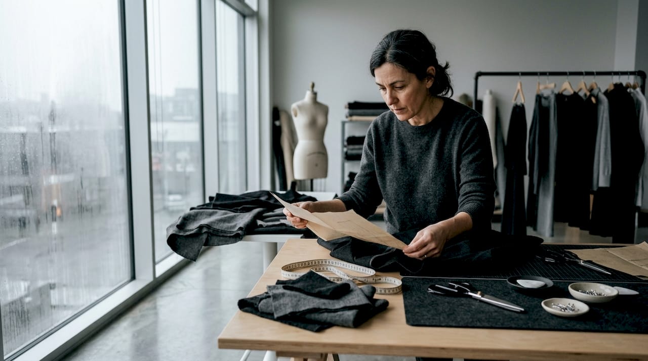 Im Atelier legt die Schneiderin das Schnittmuster sorgfältig auf den Stoff und beginnt mit der Arbeit an ihrem neuen Kleidungsstück.